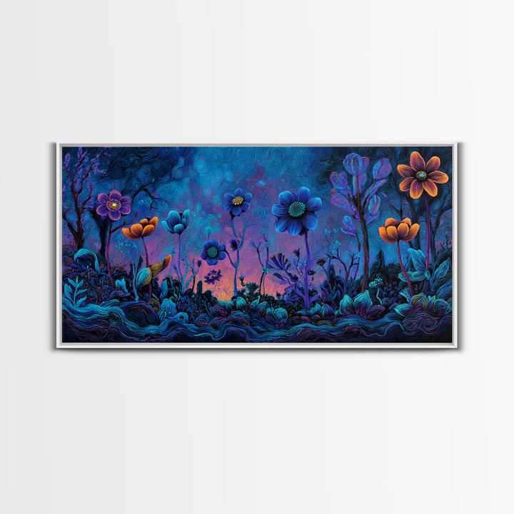 Whimsical Blue And Purple Flowers Digital Painting Vibrant Floral Wall Art Framed Canvas Print For Bedroom Or Living Room Decor