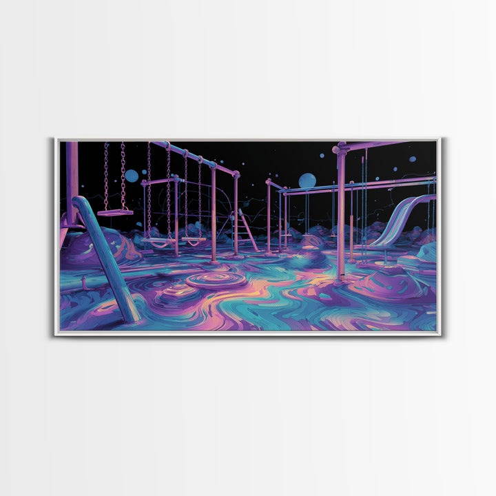 Surreal Neon Playground Illustration With Glowing Elements Wall Art Print, Vibrant Kids Room Decor, Modern Canvas Print