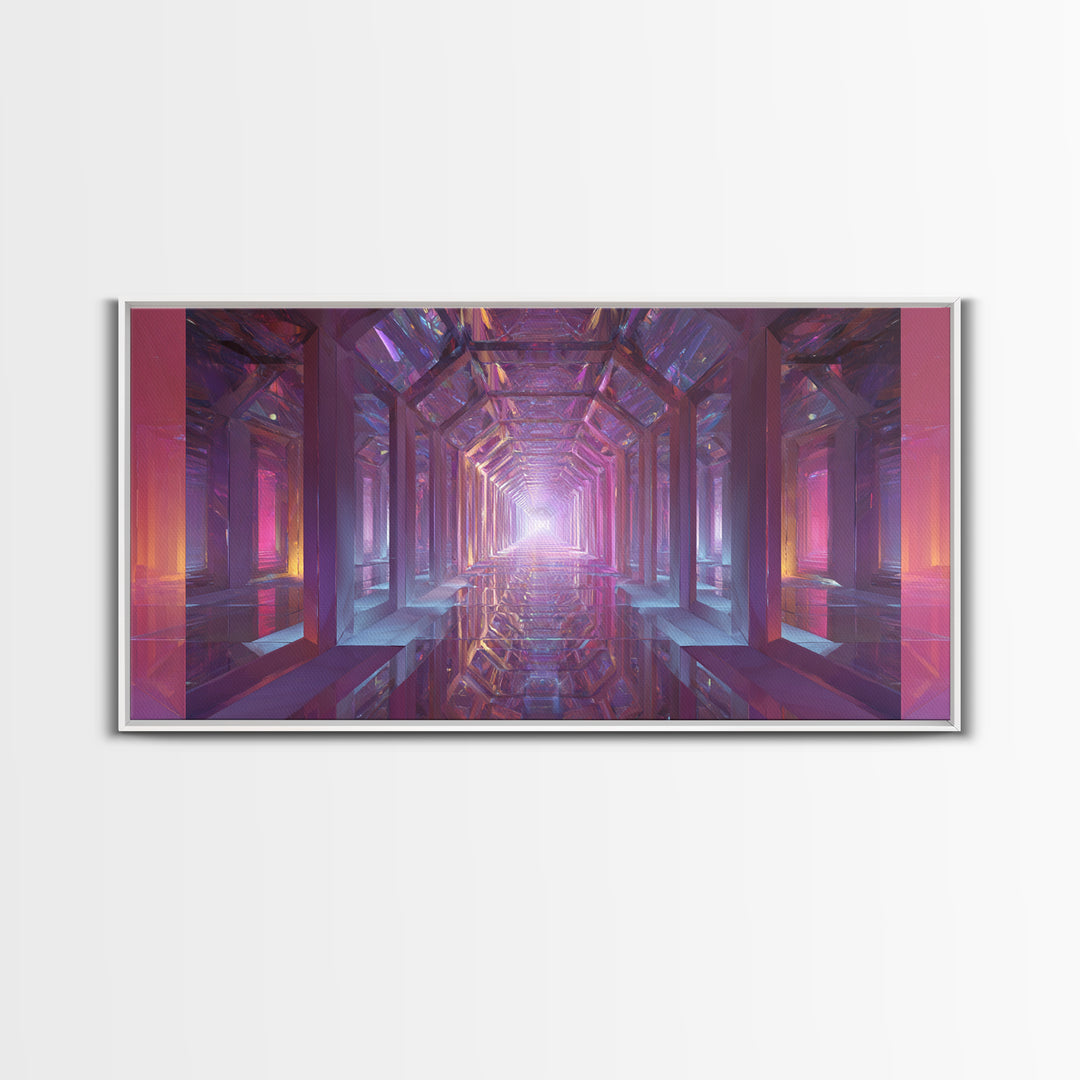 Futuristic Abstract Tunnel With Neon Lights And Mirrors Surreal Digital Art Wall Art Canvas Print