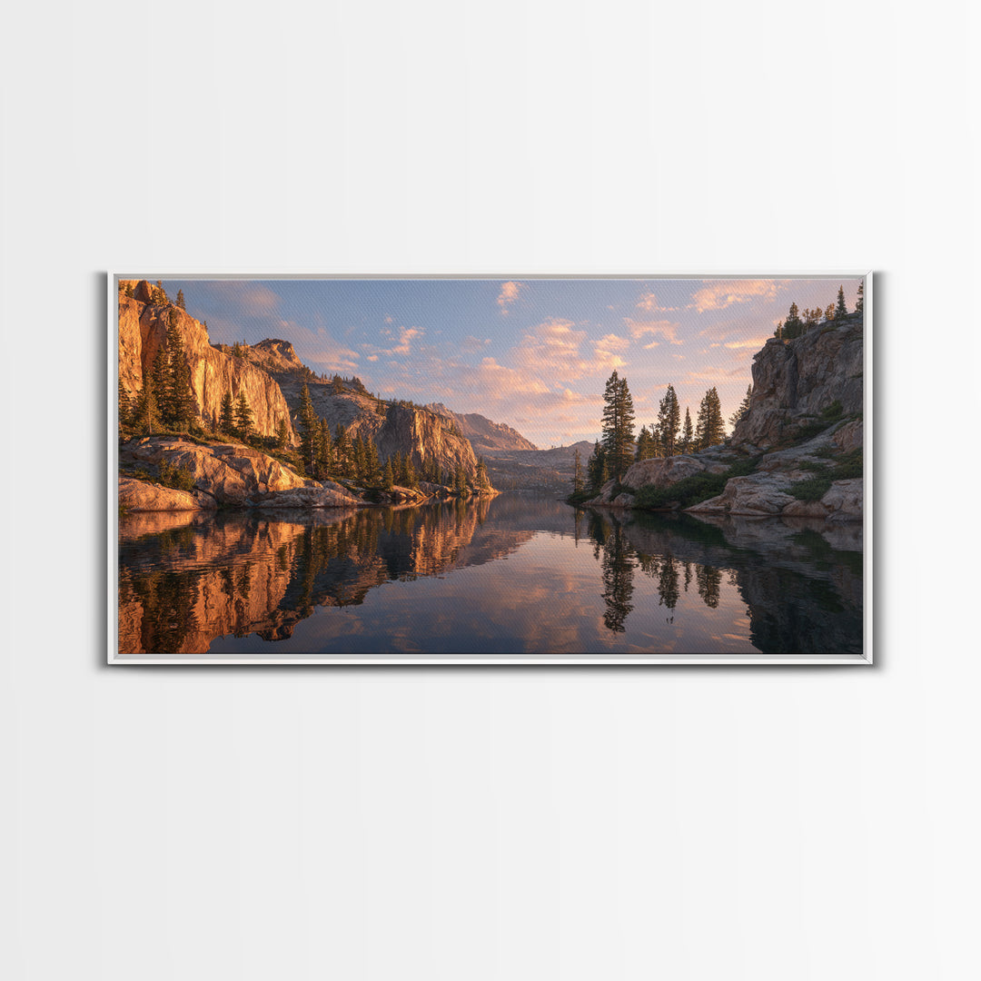 Golden Hour Mountain Lake Landscape With Reflection And Trees Framed Canvas Print Rustic Wall Art For Living Room Decor