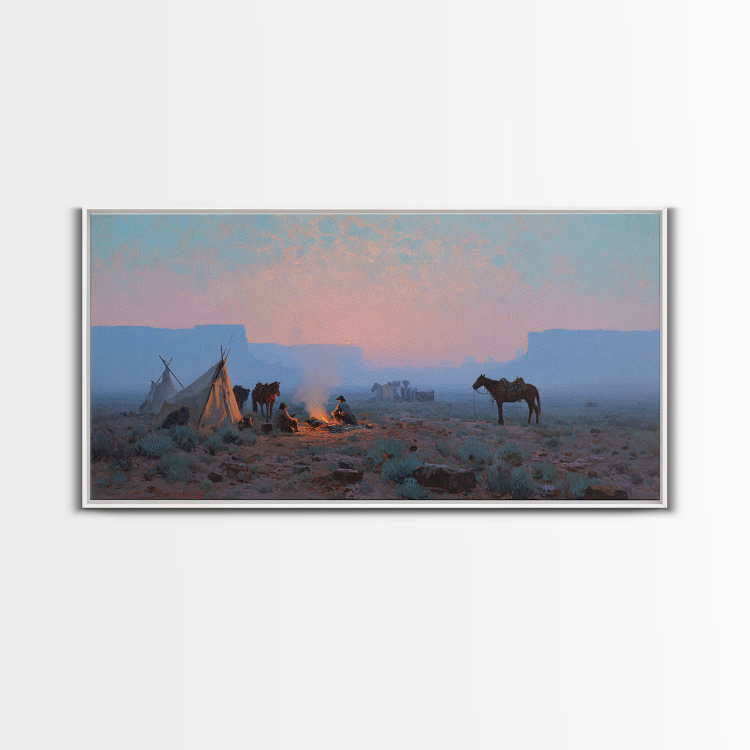 Rustic Cowboy Campfire Scene Oil Painting Wall Art Showcasing Western Lifestyle With Horses For Farmhouse Living Room Decor Framed Canvas Print