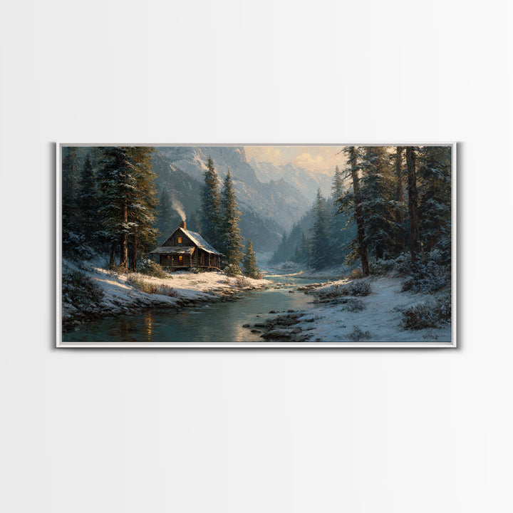 Rustic Winter Landscape Painting Of Cabin Beside Snowy Stream Large Wall Art Original Painting Canvas Print