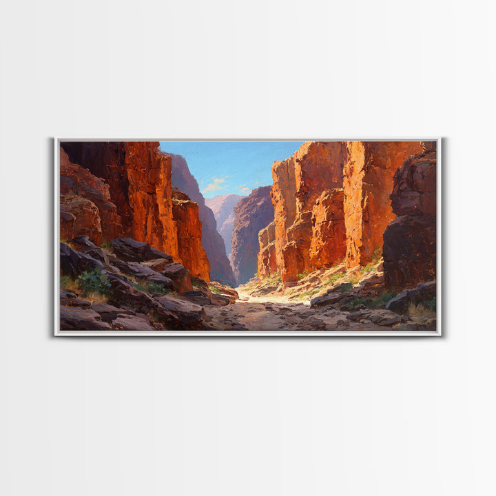 Majestic Canyon Landscape Oil Painting With Dramatic Cliff Sunlight And Shadows Large Wall Art Framed Canvas Print For Rustic Home Decor