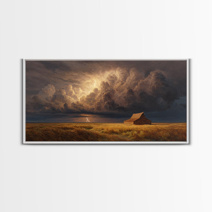 Dramatic Prairie Storm With Lightning Over Barn Large Wall Art Oil Painting Canvas Print Rustic Decor