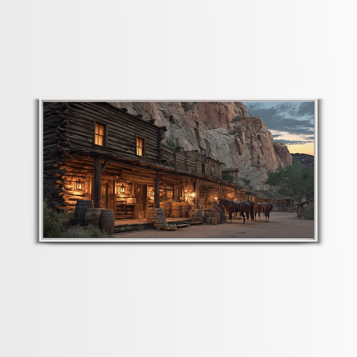 Historic Old Western Log Cabin With Horses At Dusk Wall Art Framed Canvas Print For Rustic Home Décor