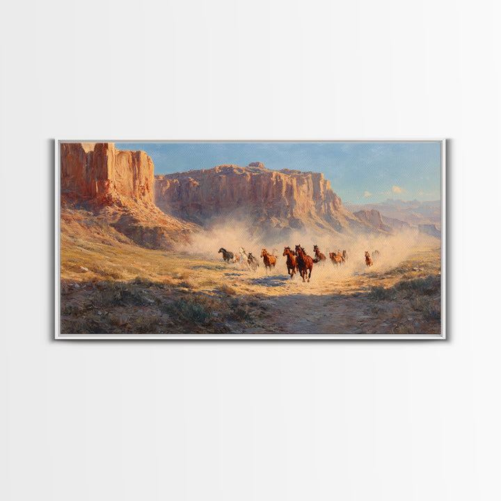 Dramatic Wild Horses Running Across Dusty Plains Majestic Western Landscape Wall Art Canvas Print for Rustic Home Decor