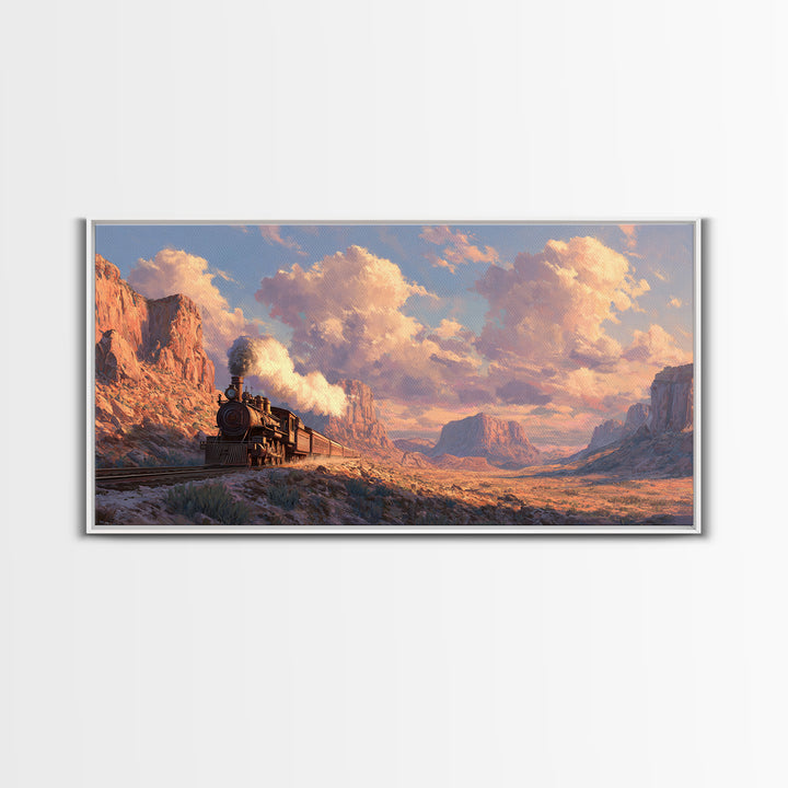 Vintage Steam Locomotive Train Crossing Desert Canyon Landscape Painting Canvas Print Rustic Wall Art