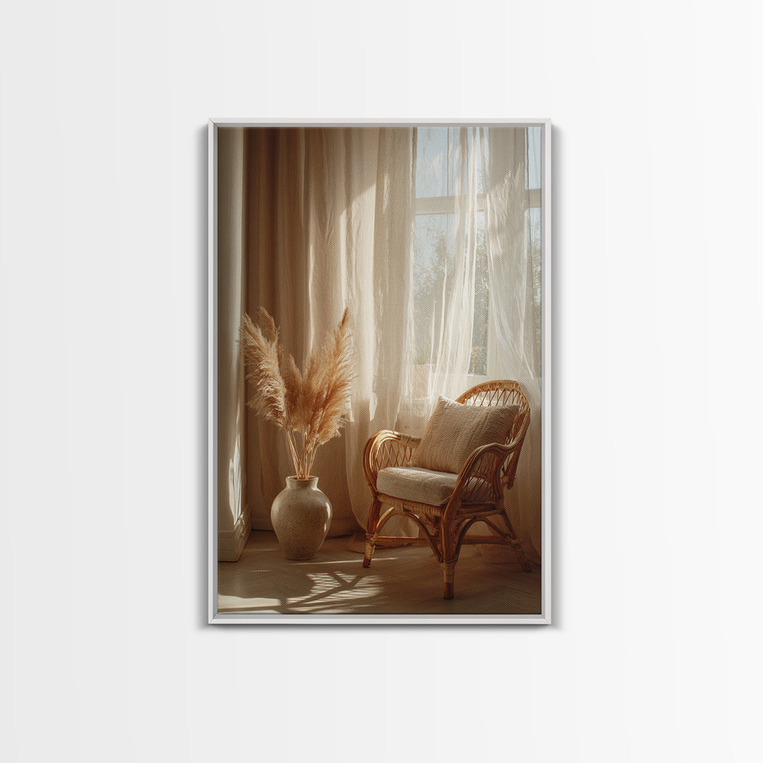 Sunlit Rattan Chair With Pampas Grass Framed Canvas Print, Boho Wall Art, Neutral Home Decor, Cozy Bedroom Wall Decor Print
