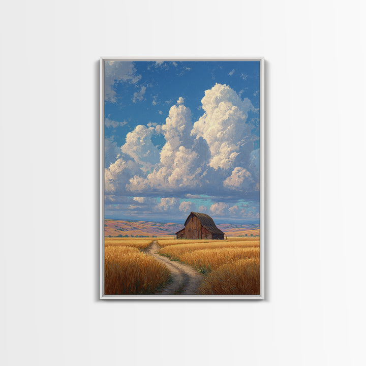 Quiet Serenity Of Rustic Barn In Golden Field Under Expansive Sky Wall Art Framed Canvas Print