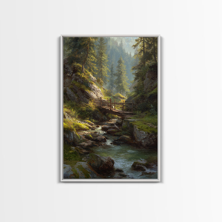 Peaceful Forest Stream Landscape Oil Painting With Bridge And Sunlight Fine Art Print Wall Art