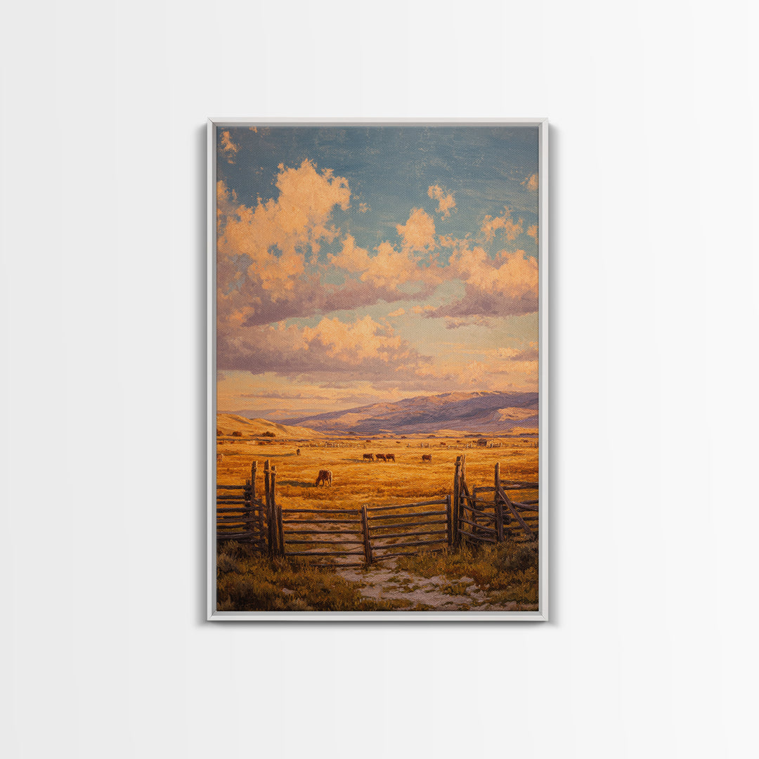 Classic Rural Landscape Oil Painting Rustic Farmhouse Scene With Fence And Cows Large Wall Art Framed Canvas Print