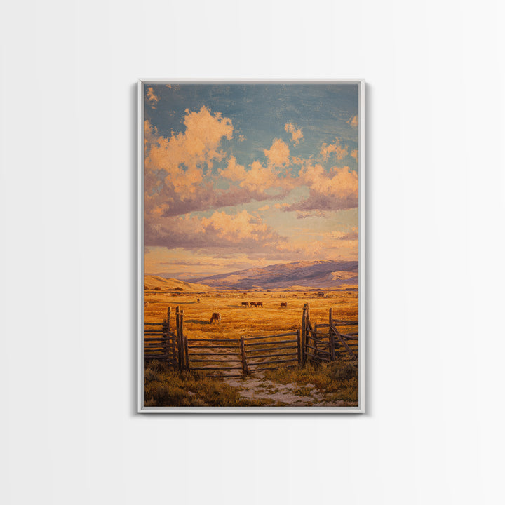Classic Rural Landscape Oil Painting Rustic Farmhouse Scene With Fence And Cows Large Wall Art Framed Canvas Print