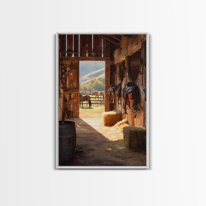 Warm Countryside Barn Interior With Horses Rustic Wall Art Framed Canvas Print Cozy Farmhouse Home Decor