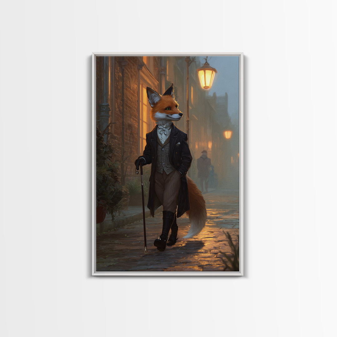 Victorian Fox Strolling Gaslit Street Wall Art, Dapper Animal Portrait, Dark Academia Decor, Whimsical Living Room Print