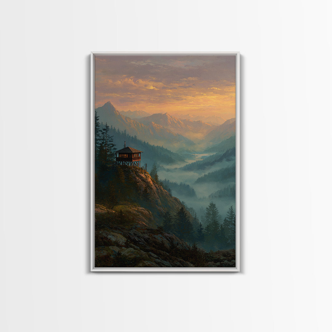Serene Mountain Landscape At Sunset With Wooden Cabin Wall Art Framed Canvas Print For Living Room Decor