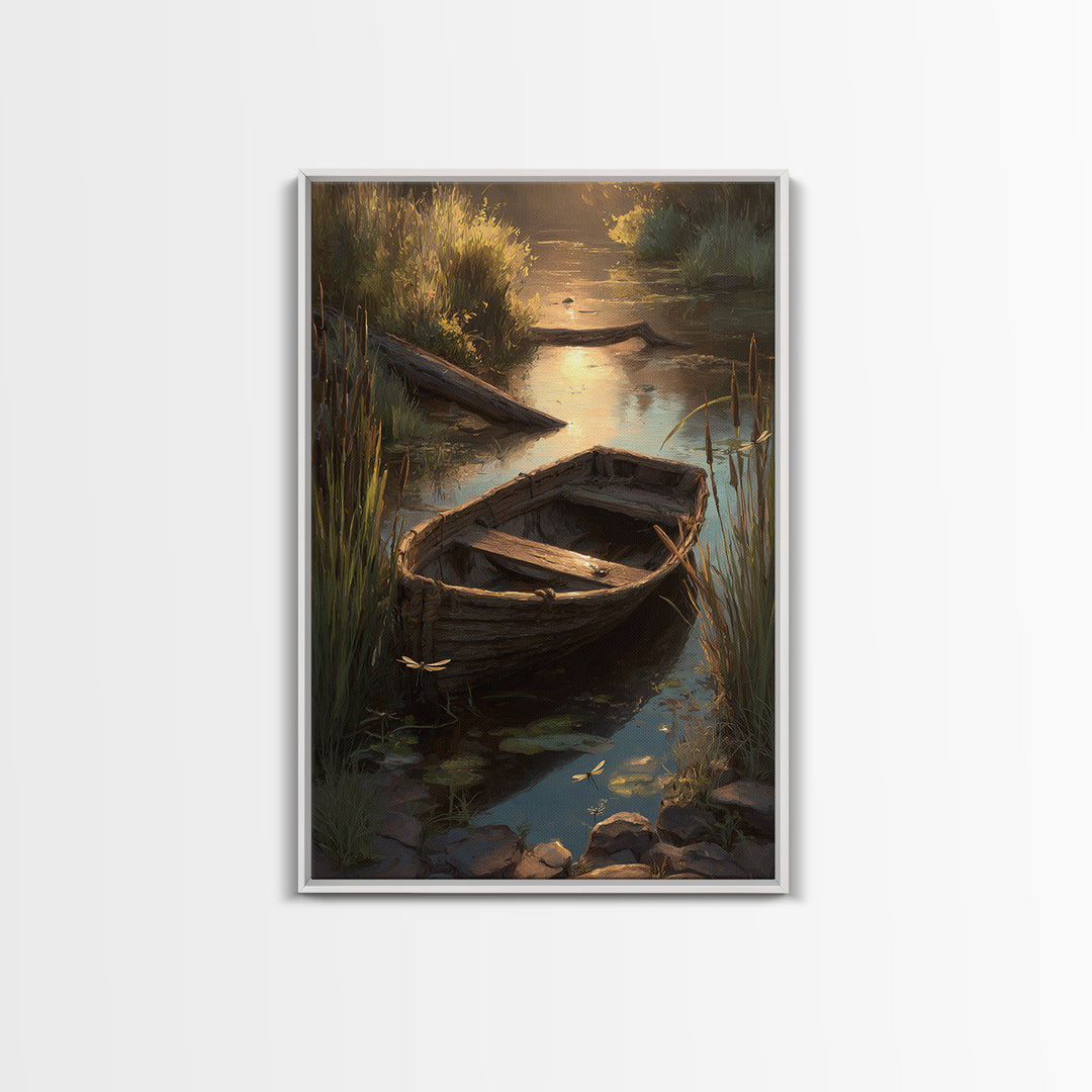 Serene Landscape Oil Painting Of Old Wooden Boat On Calm Water With Dragonflies Wall Art Framed Canvas Print