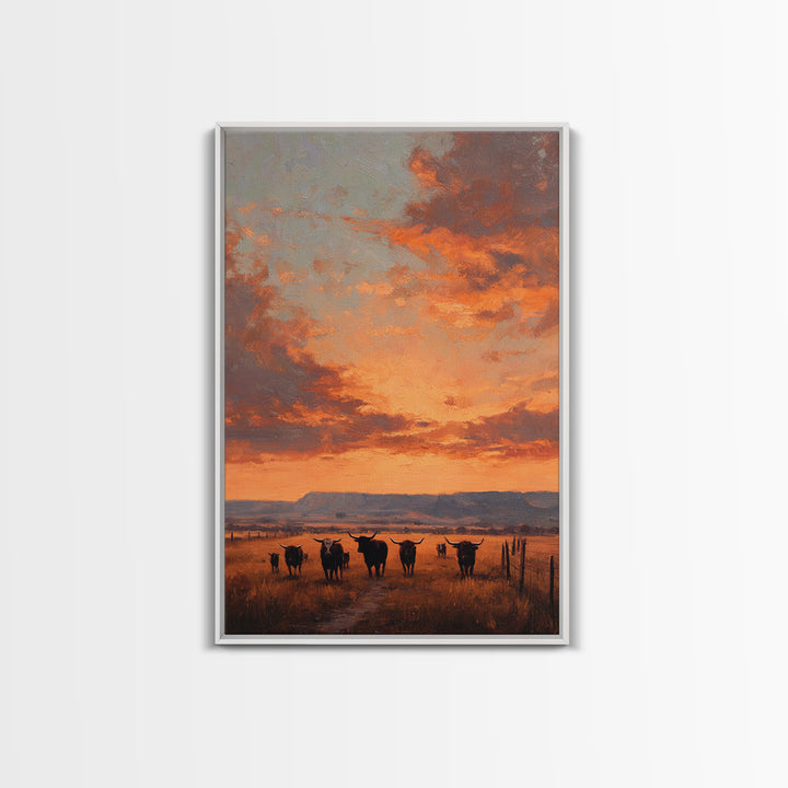 Rustic Western Sunset Landscape Painting With Longhorn Cows Framed Canvas Print For Country Home Decor And Farmhouse Wall Art