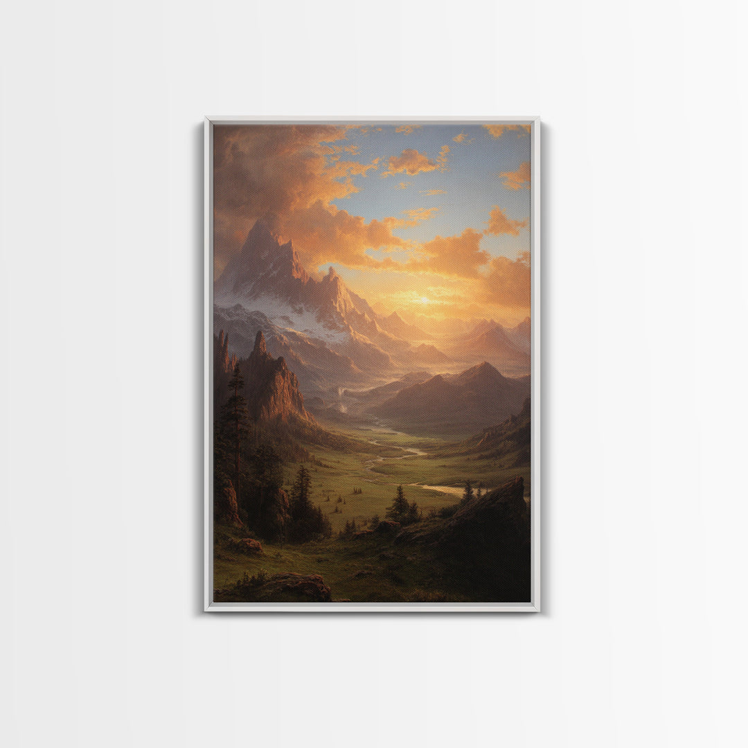 Romantic Mountain Valley Landscape Painting At Sunset Wall Art Print For Living Room Decor Framed Canvas Print Nature Home Decor