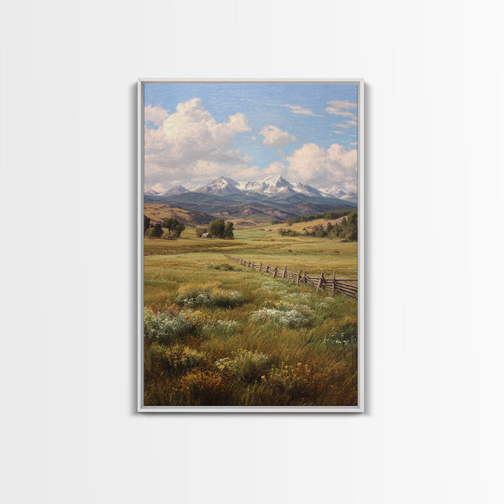 Classic Mountain Landscape With Meadow And River Oil Painting Wall Art Canvas Print For Traditional Rustic Living Room Decor