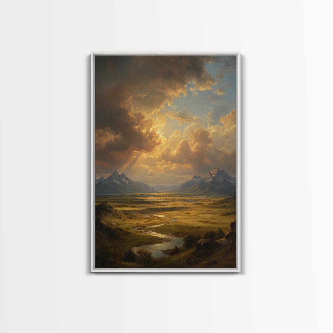 Sunlight Rays Breaking Through Cloudy Sky Over Vast Mountain Valley Framed Canvas Print For Nature Lovers