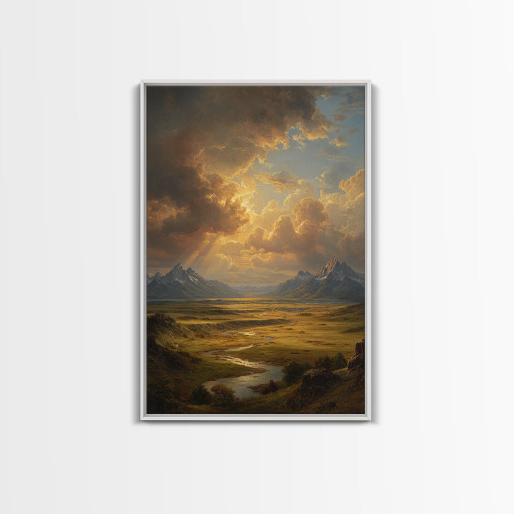 Sunlight Rays Breaking Through Cloudy Sky Over Vast Mountain Valley Framed Canvas Print For Nature Lovers