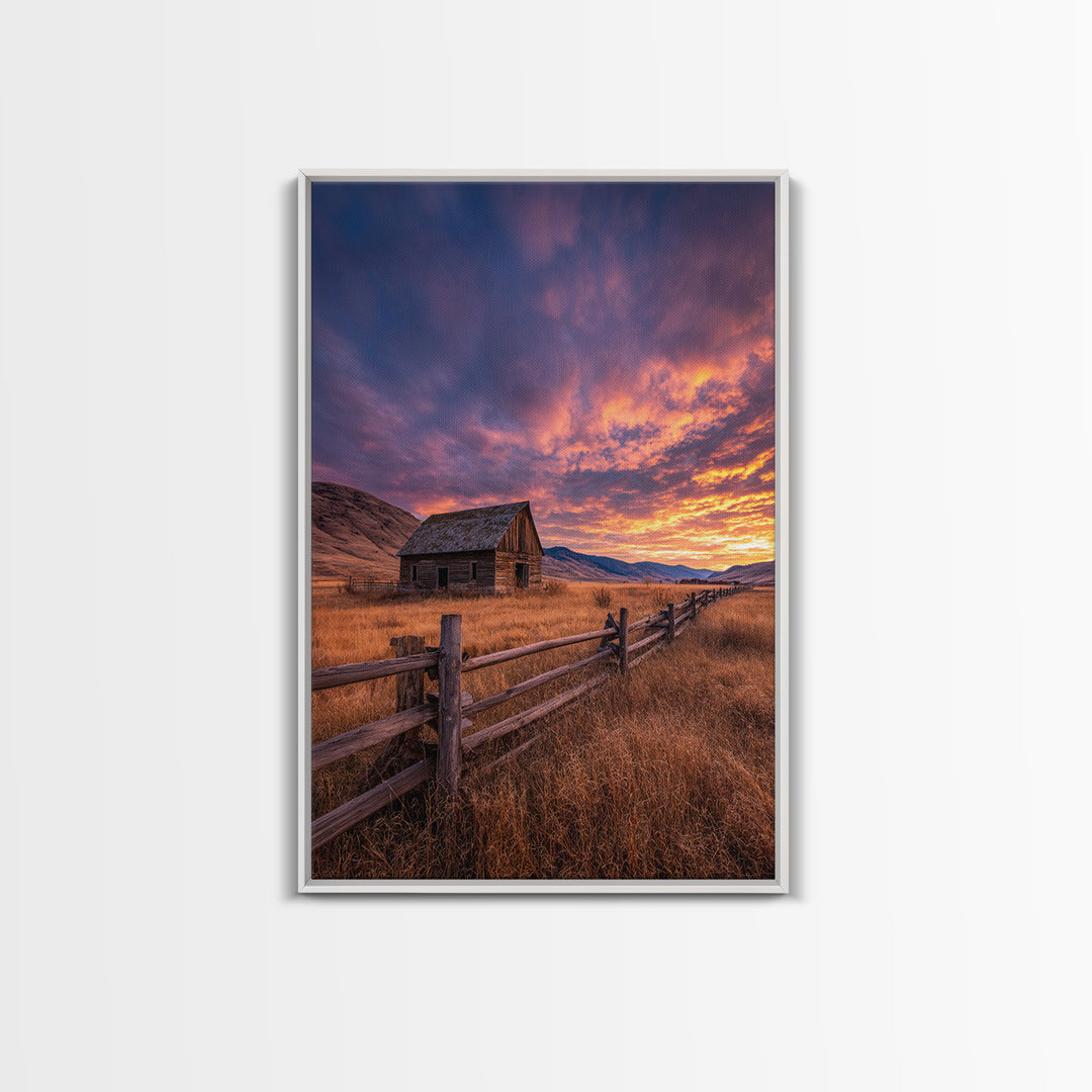 Tranquil Mountain Cabin And Boat By Lake Landscape Oil Painting - Framed Canvas Print Rustic Wall Art For Home Decor