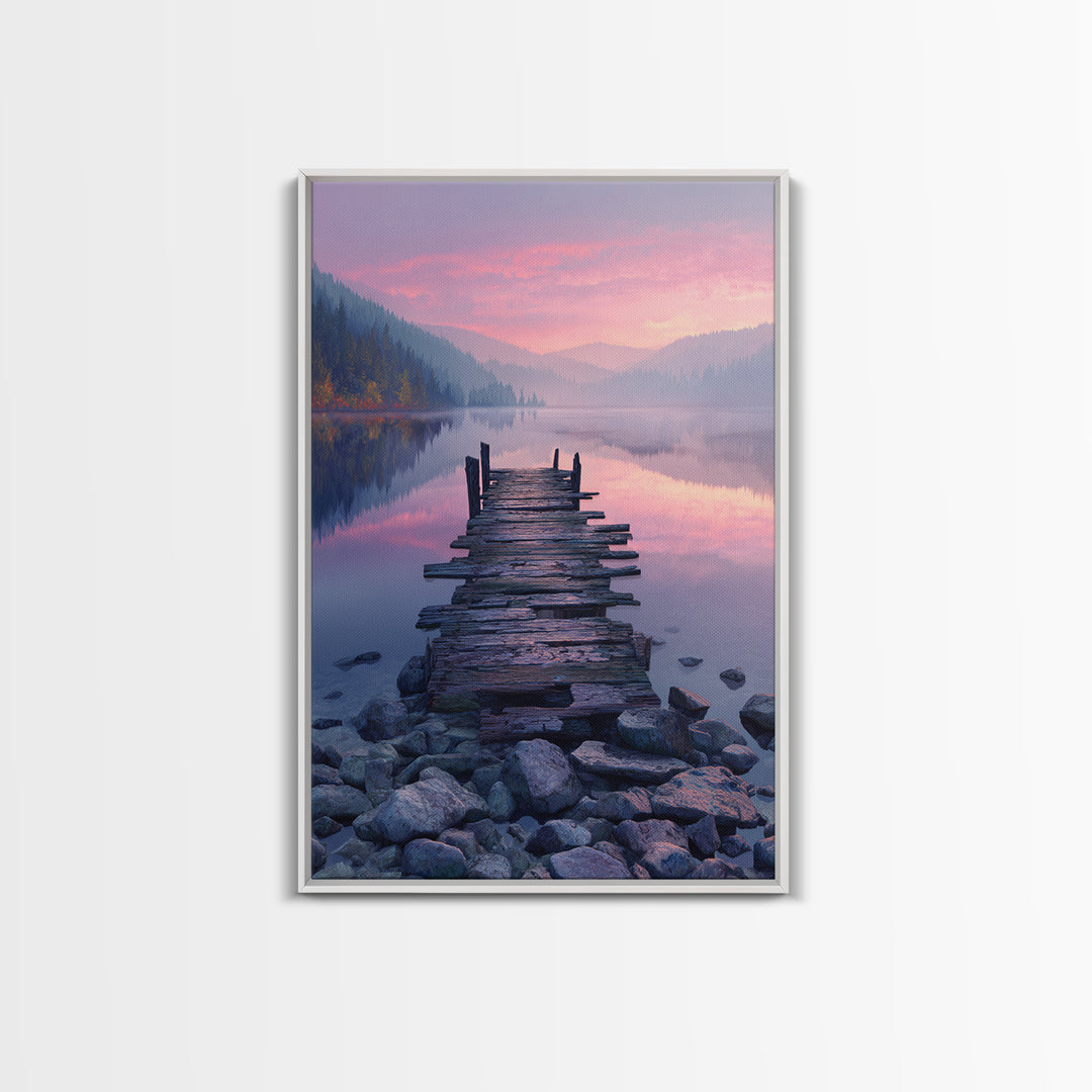 Peaceful Lakeside Dock Sunset Landscape Wall Art Canvas Print Serene Nature Wall Decor