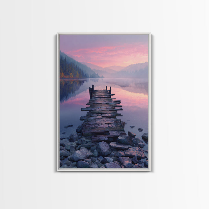 Peaceful Lakeside Dock Sunset Landscape Wall Art Canvas Print Serene Nature Wall Decor