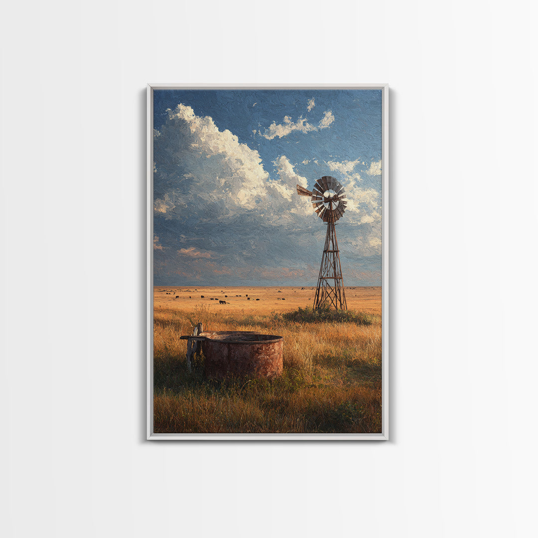 Rustic Windmill Landscape With Golden Fields Under Cloudy Sky - Large Wall Art Canvas Print Rustic Home Decor