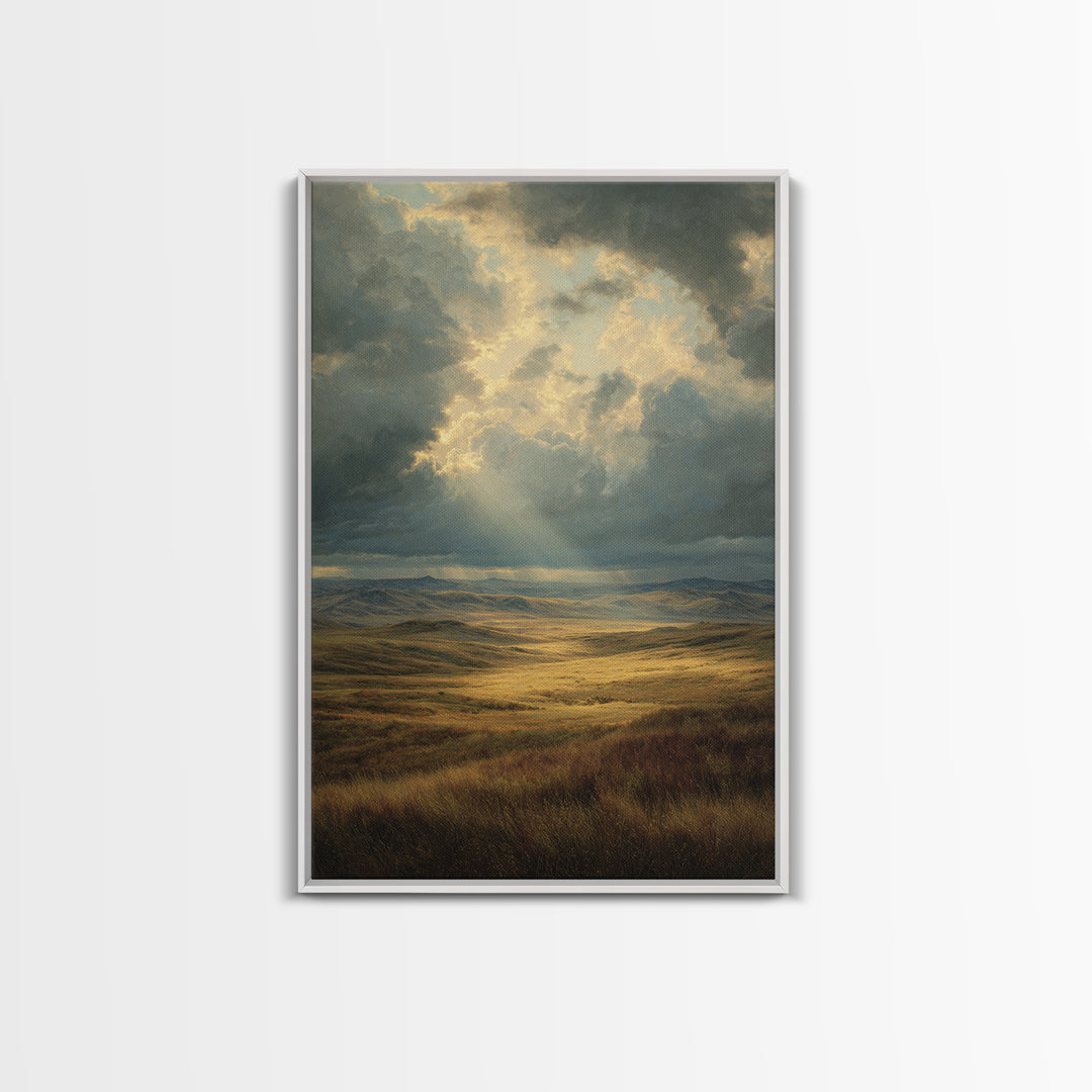 Magnificent Sunbeam Over Vast Meadow Landscape Painting Wall Art Large Canvas Print For Rustic And Farmhouse Decor