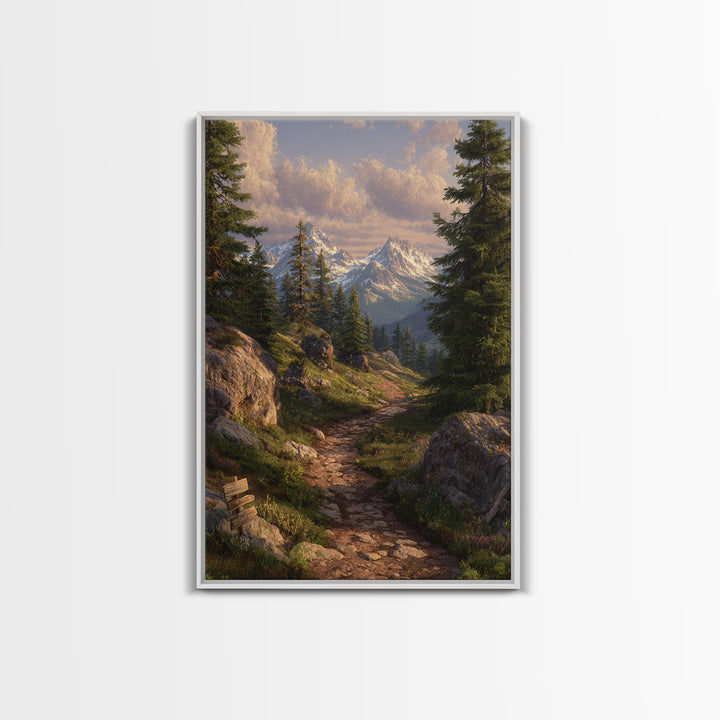 Cozy Sunrise Mountain Trail Landscape Canvas Print Rustic Wall Art With Sunlit Pines And Rocks For Cabin Or Living Room Decor