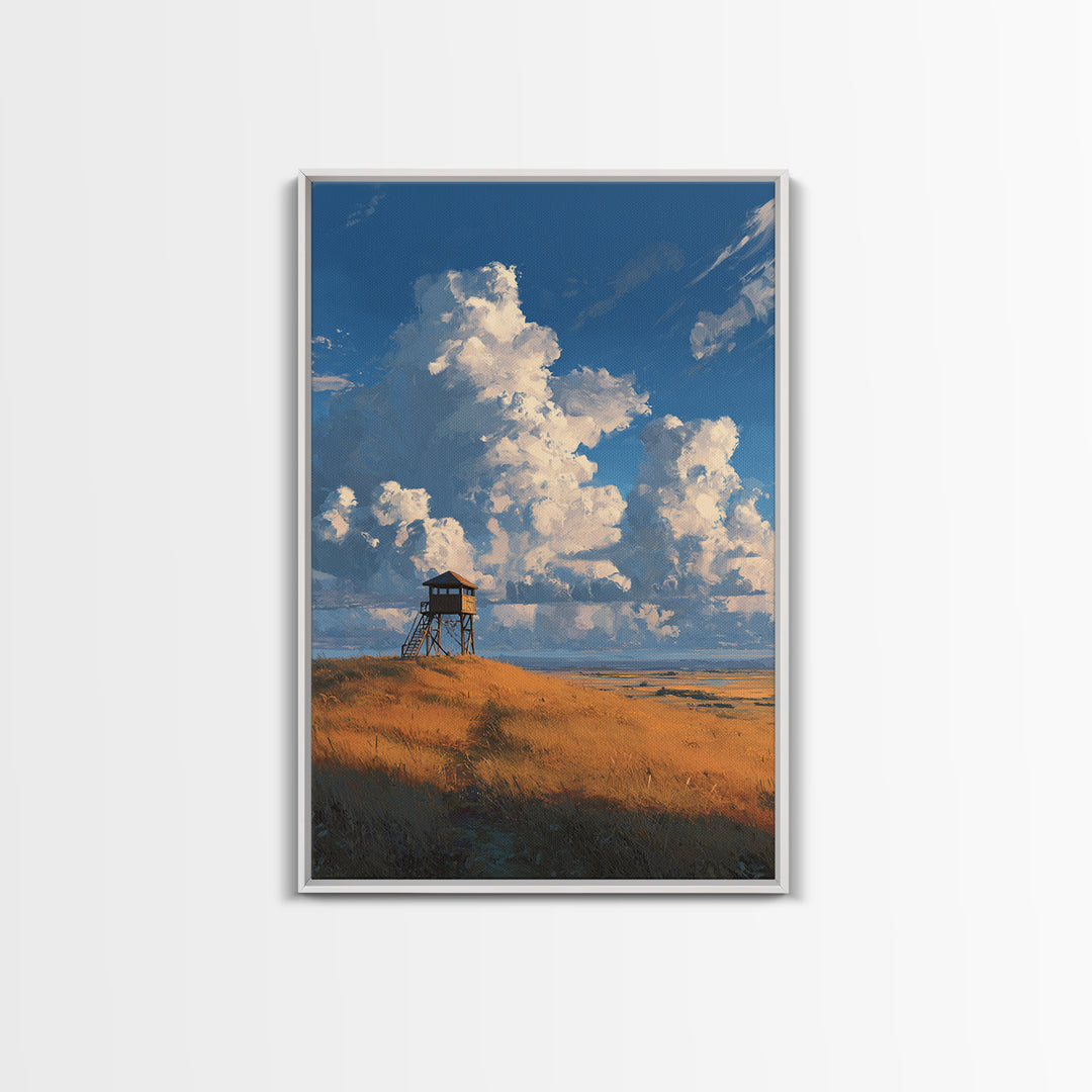 Blue Sky With Clouds Over Rustic Watchtower In Field Landscape Wall Art Original Canvas Print