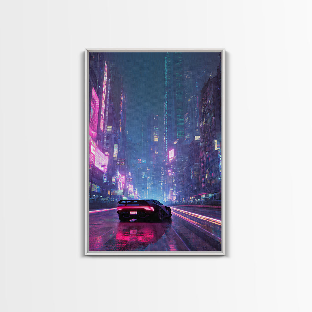 Futuristic Cyberpunk Car Racing Through Neon Lit Rainy City Streets Canvas Print For Trendy Wall Art