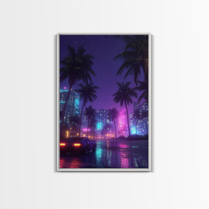 Neon Cityscape With Palm Trees And Retro Sports Car Large Wall Art Framed Canvas Print Vibrant Modern Home Decor