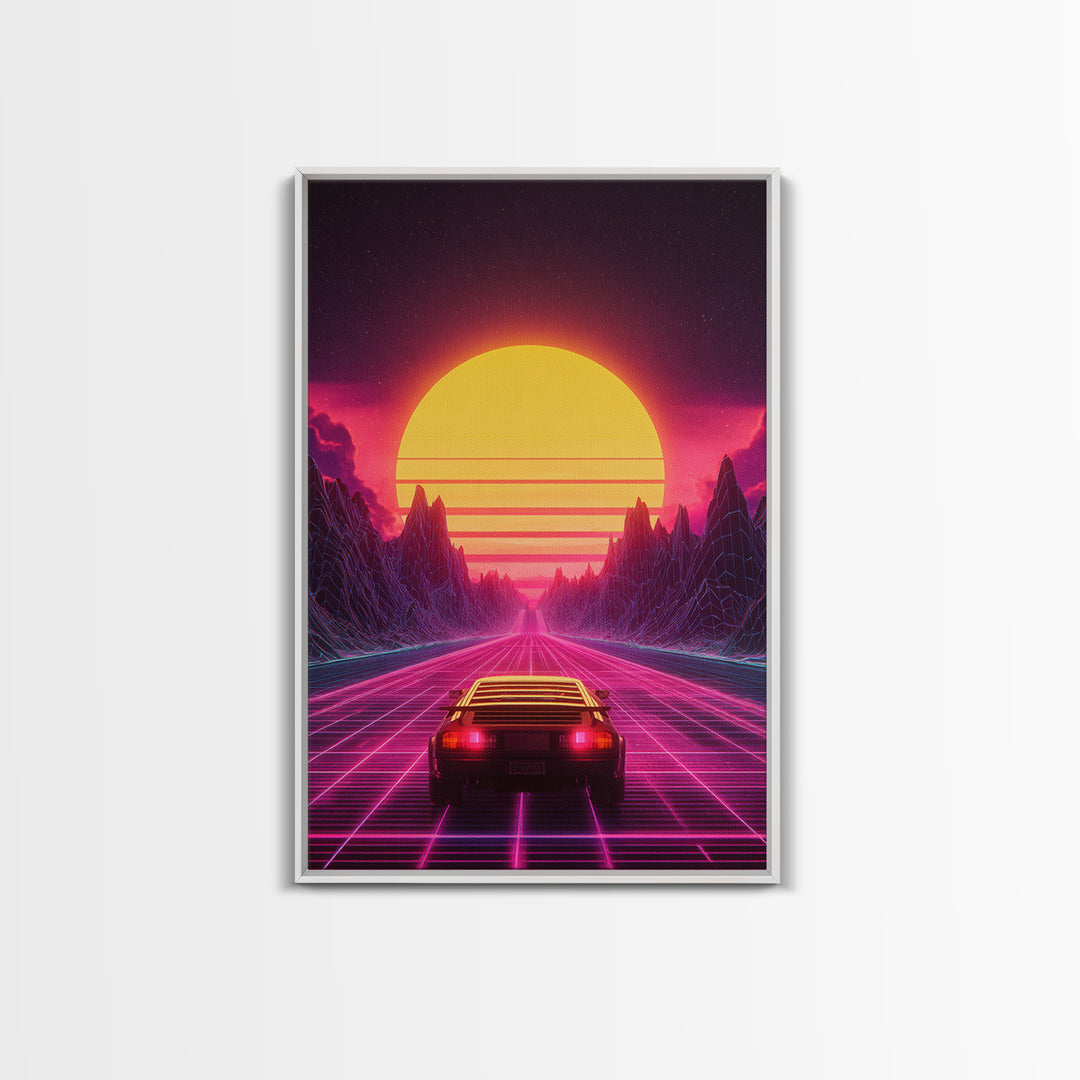 Retro Futuristic Neon Sunset Landscape With Car Driving On Road Wall Art Canvas Print Modern Home Decor For Living Room