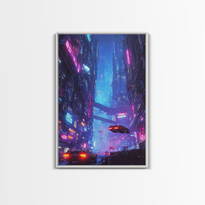 Cyberpunk Cityscape Night Scene Neon Lights Digital Wall Art Framed Canvas Print for Modern Home Decor