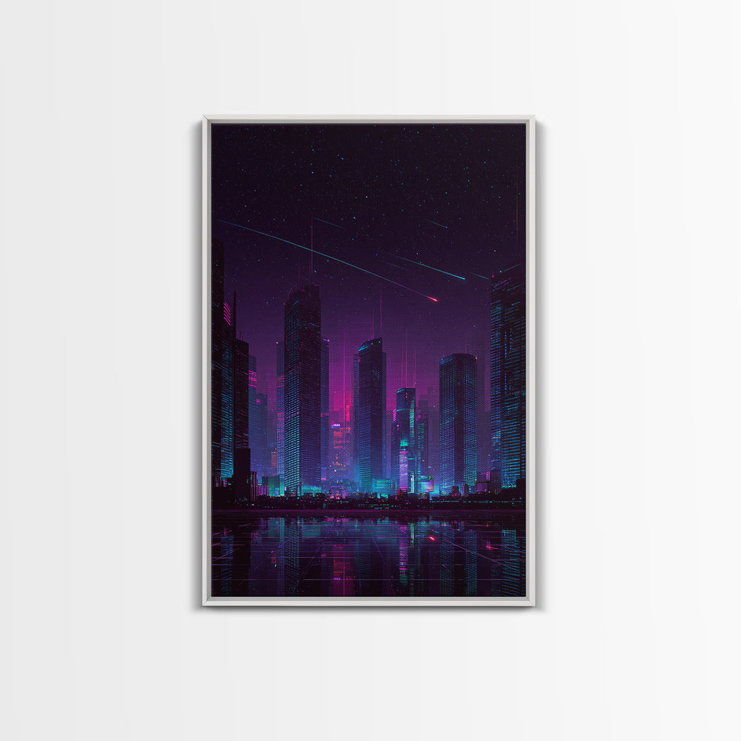Cyberpunk Neon Cityscape Night Scene With Reflective Water And Shooting Stars Modern Wall Art For Office And Living Room Canvas Print