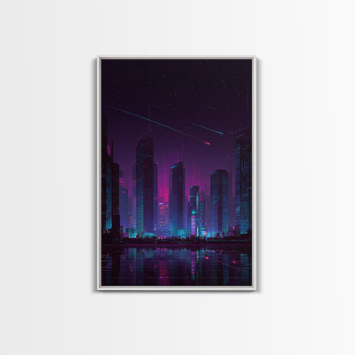 Cyberpunk Neon Cityscape Night Scene With Reflective Water And Shooting Stars Modern Wall Art For Office And Living Room Canvas Print