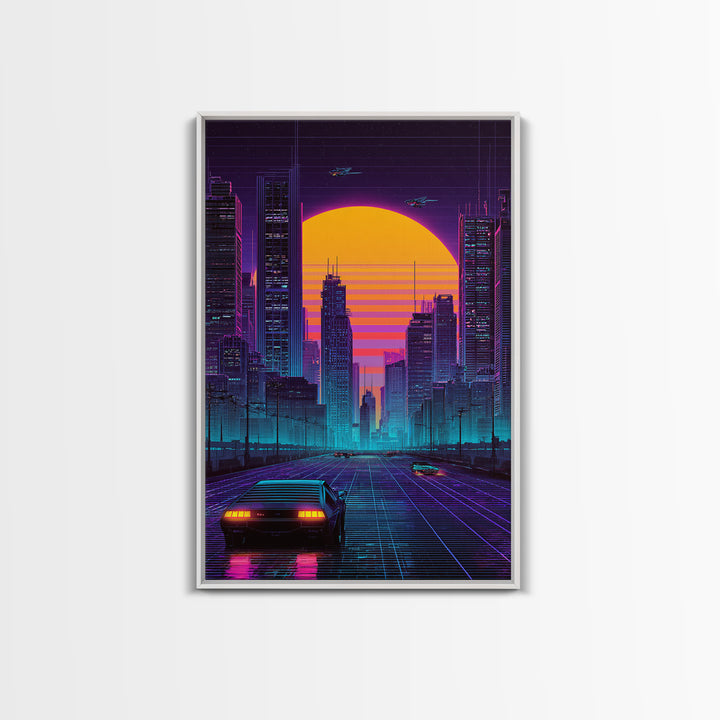 Futuristic Cityscape Digital Artwork With Neon Lights And Retro Sunset Beautiful Contemporary Wall Art Print For Office Decor