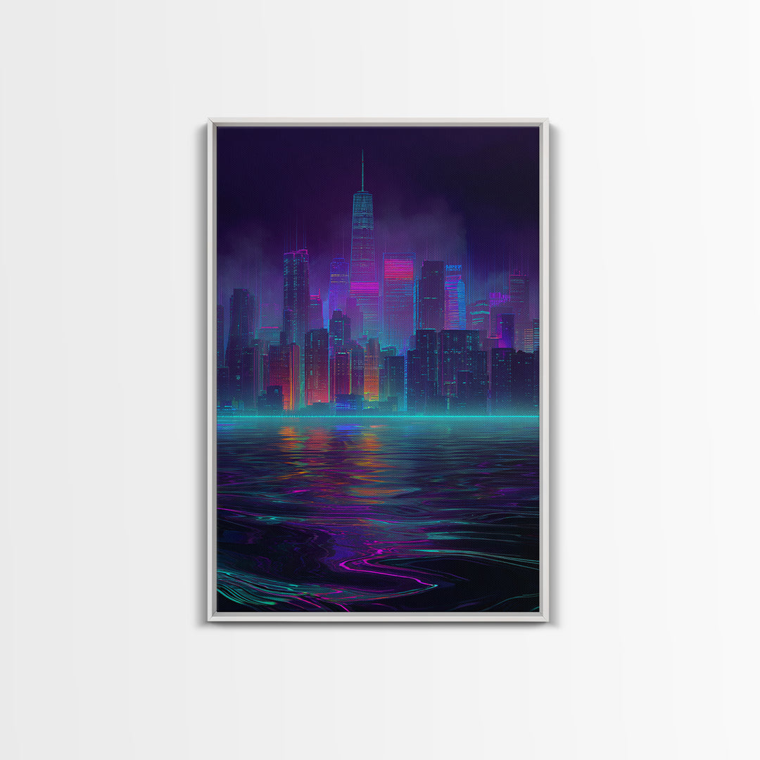 Neon Cyberpunk Cityscape With Reflections Futuristic Digital Wall Art Framed Canvas Print