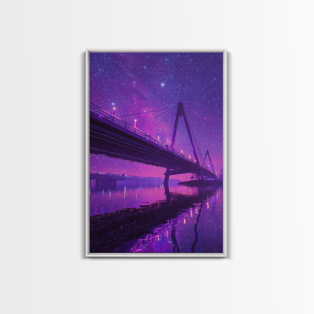 Digital 80s Style Neon Mountain Landscape With Purple Glowing River Wall Art Framed Canvas Print For Retro Modern Home Decor