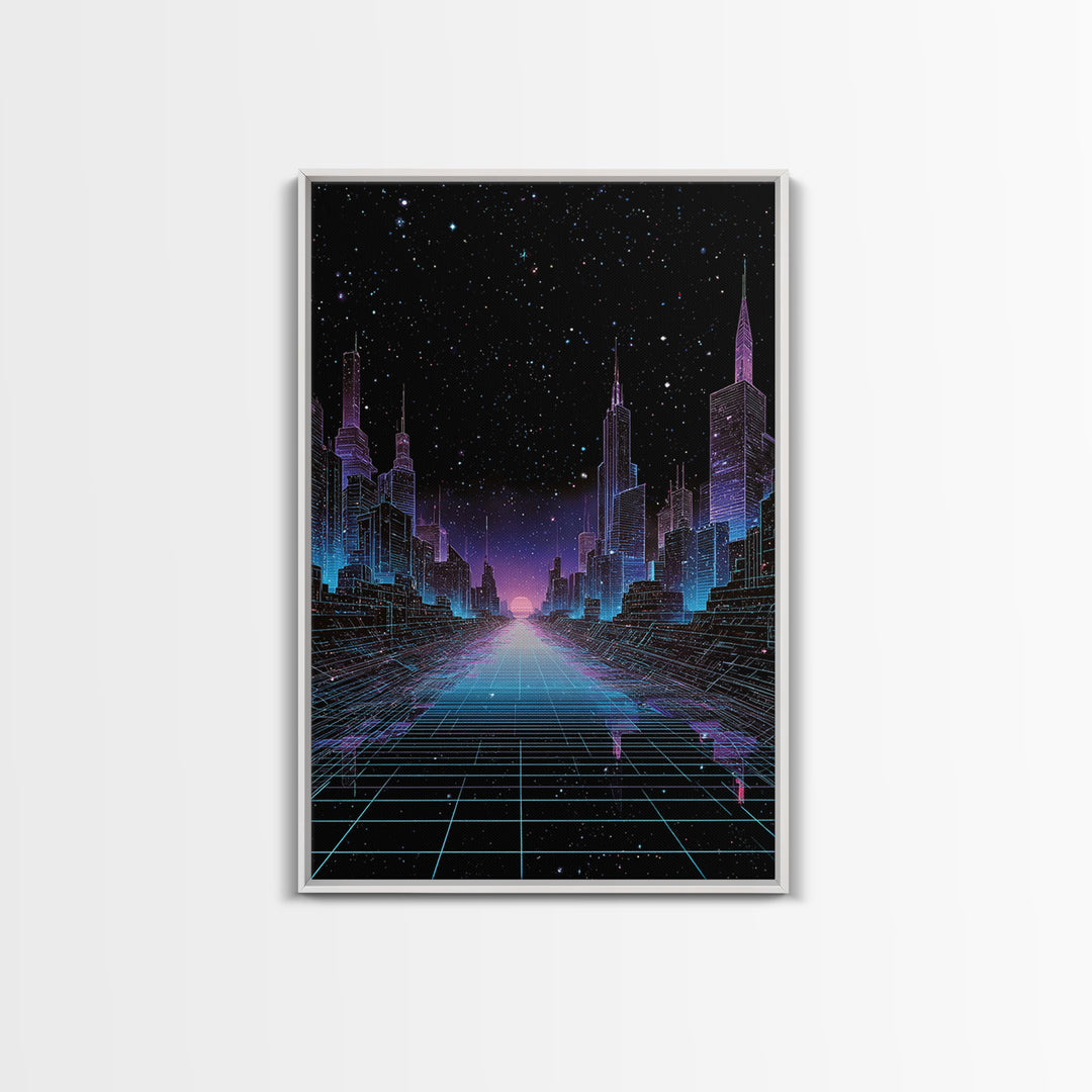 Futuristic Neon Cyberpunk City Nightscape Digital Art Wall Art Canvas Print Modern Urban Decor Aesthetic Gaming Room