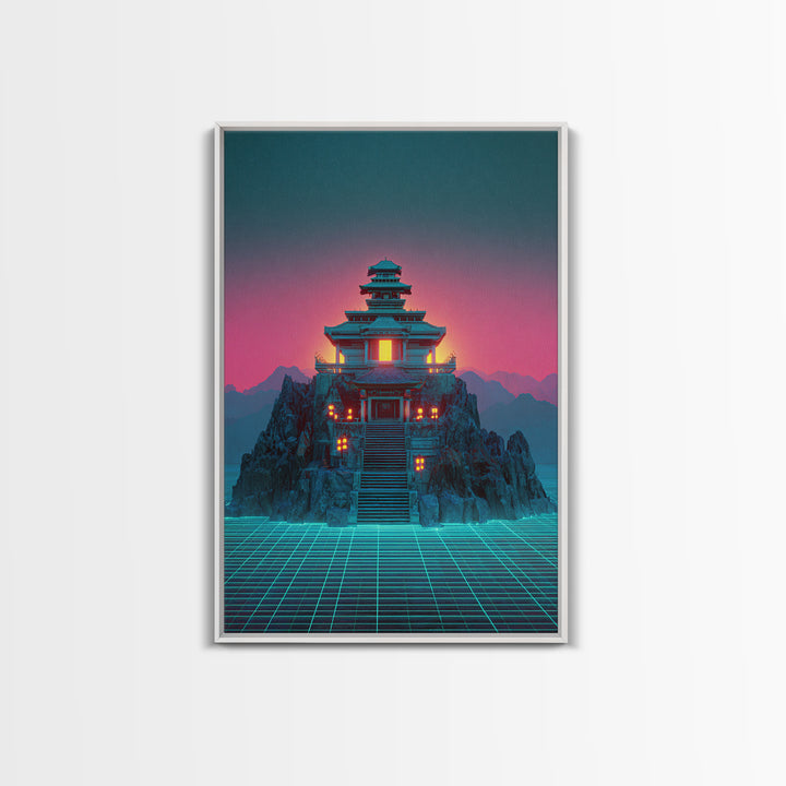 Futuristic Cyberpunk Japanese Temple Digital Artwork Wall Art Vibrant Canvas Print Perfect For Modern Home Decor