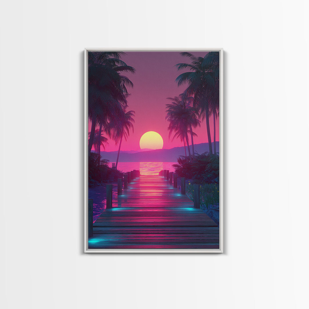 Retro Futuristic Neon Pink Sunset Over Waterfront Pier With Palm Trees Wall Art Framed Canvas Print For Vibrant Home Decor
