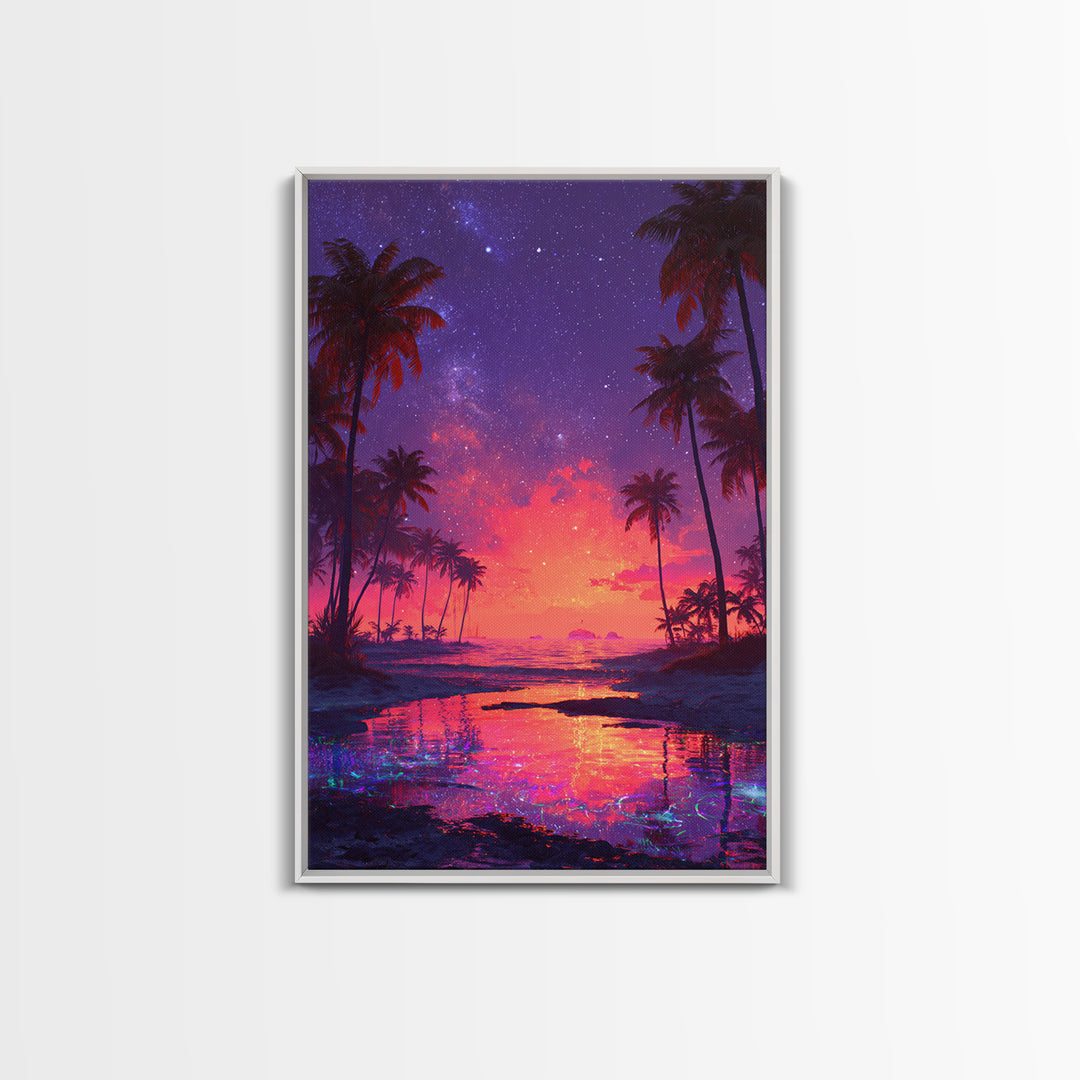 Vibrant Tropical Beach Sunset With Starry Sky Landscape Wall Art For Home Decor Framed Canvas Print