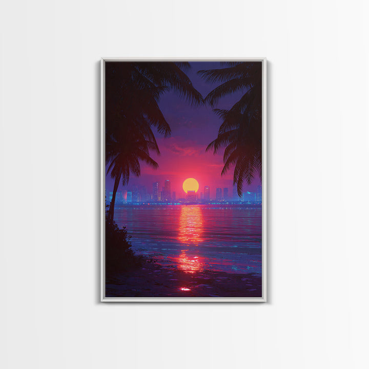 Retrowave Neon Sunset Cityscape Wall Art Canvas Print Modern Wall Art Miami Home Decor