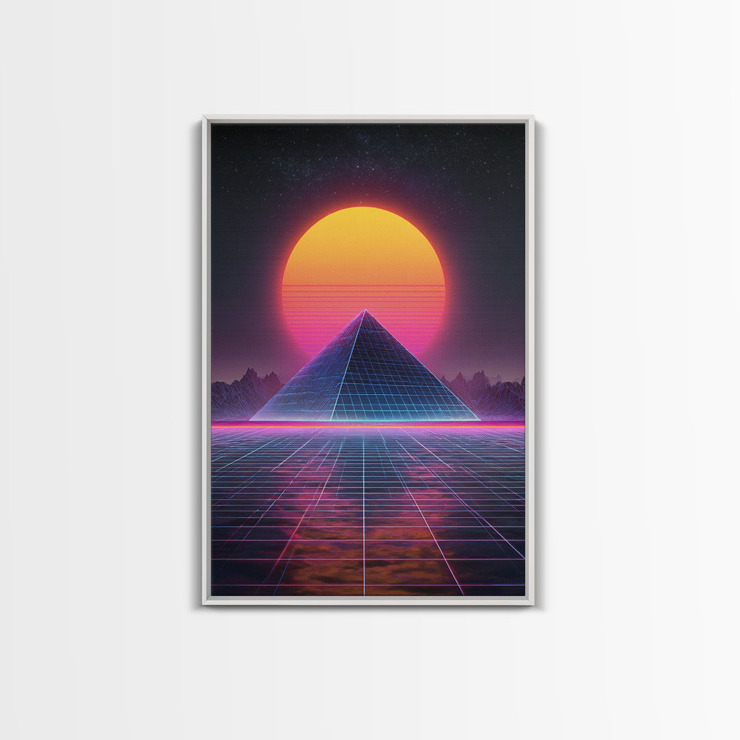Retro Futuristic Neon Pyramid Digital Artwork Wall Art Framed Canvas Print For Sci Fi Bedroom Decor Modern Tech Art Gift