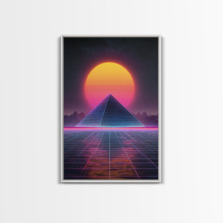 Retro Futuristic Neon Pyramid Digital Artwork Wall Art Framed Canvas Print For Sci Fi Bedroom Decor Modern Tech Art Gift