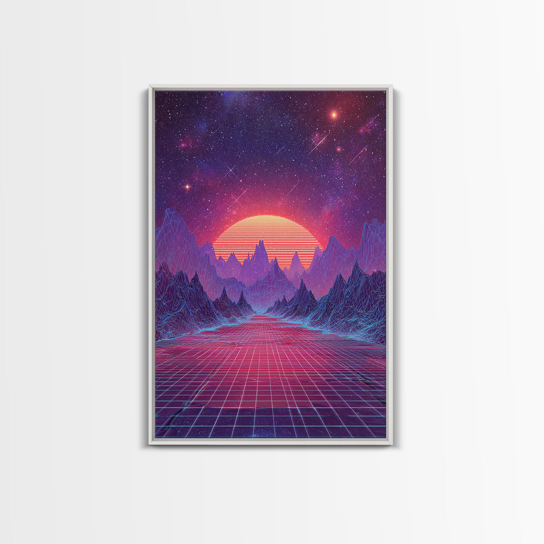 Surreal Futuristic Mountain Sunset Digital Canvas Print, Neon Grid Landscape Wall Art, Sci-Fi Inspired Modern Decor