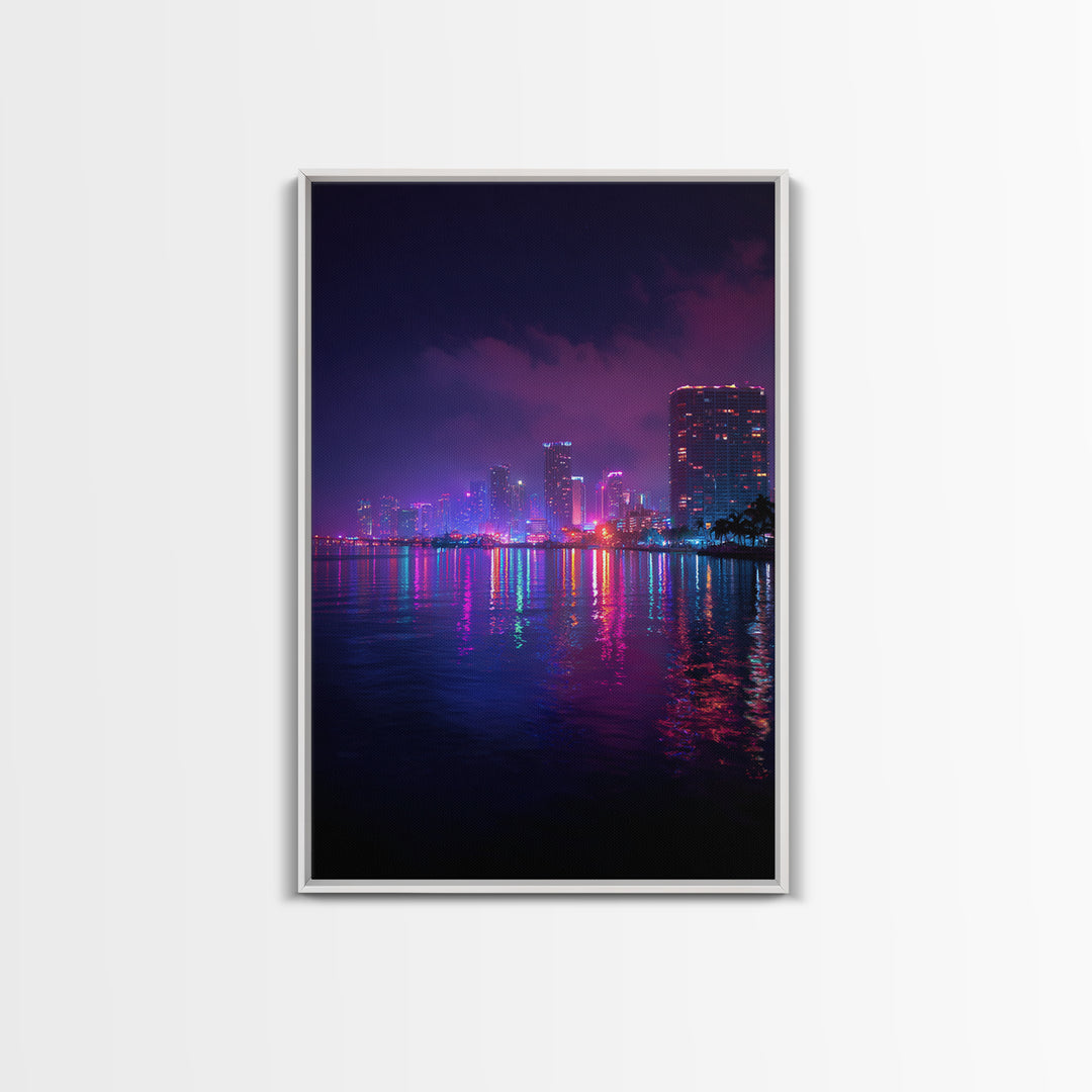 Miami City Lights Neon Reflection At Night Urban Wall Art Modern Canvas Print For Office Decor And Living Room